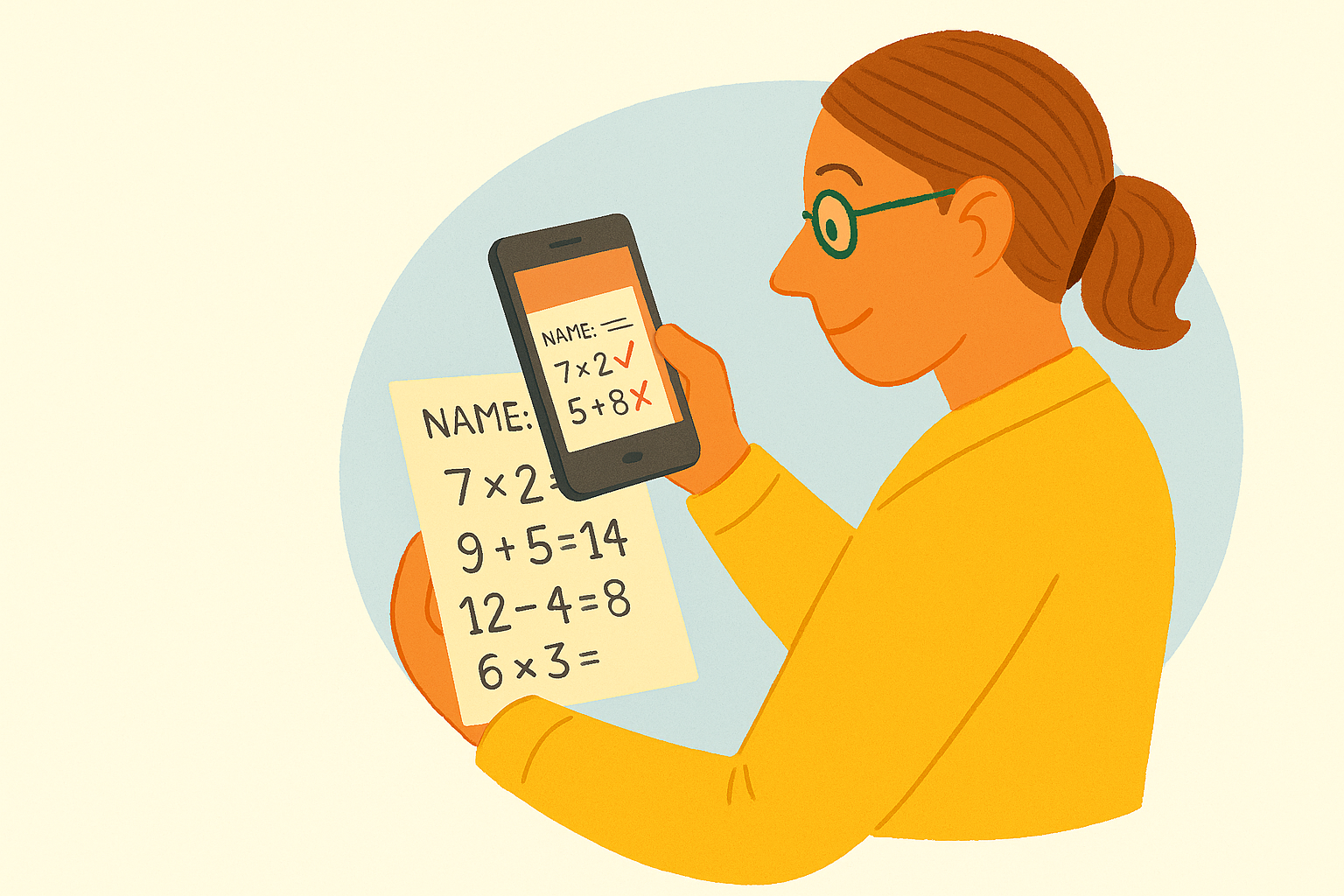Parent scanning child's worksheet for automatic grading